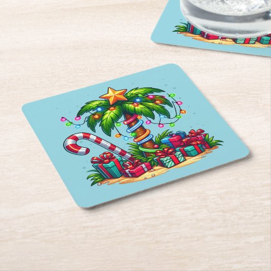 トロピカルクリスマスホリデーパームツリー スクエアペーパーコースター (アングル)