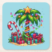 トロピカルクリスマスホリデーパームツリー スクエアペーパーコースター (正面)