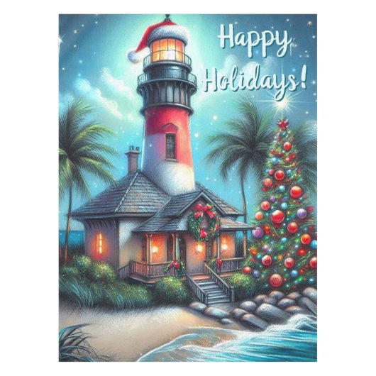 トロピカルクリスマスライトハウスラパーソナライズされたンナー テーブルクロス (正面)