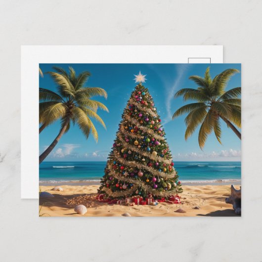 トロピカルクリスマス飾とビーチの木 シーズンポストカード (正面/裏面)