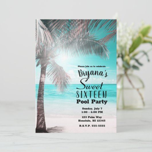 トロピカルグラムピンクアクアブルービーチパームスウィート16 招待状 (スタンド正面)