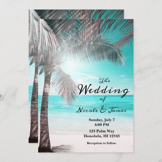 トロピカルグラムピンクアクアブルービーチパーム結婚ズ 招待状 (正面/裏面)