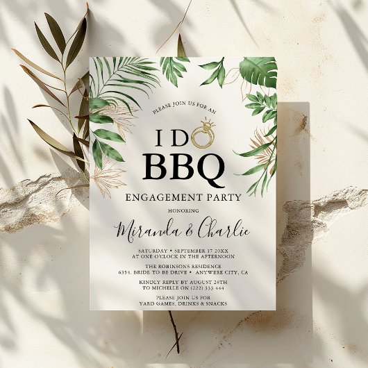 トロピカルグリーンとゴールドの「I Do BBQ」エンゲージメント 招待状