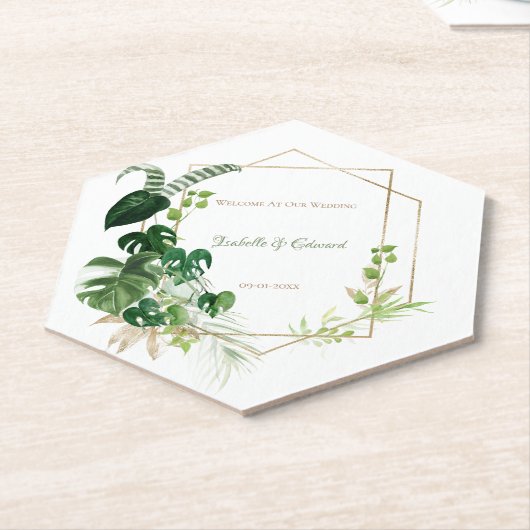 トロピカルグリーンと金ゴールドウォーターカラーパーム葉 ペーパーコースター (アングル)