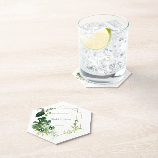 トロピカルグリーンと金ゴールドウォーターカラーパーム葉 ペーパーコースター (インサイチュ)