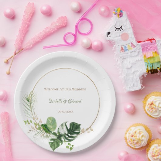 トロピカルグリーンと金ゴールドウォーターカラーパーム葉 ペーパープレート (パーティー)