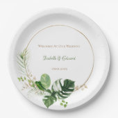 トロピカルグリーンと金ゴールドウォーターカラーパーム葉 ペーパープレート (正面)