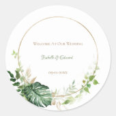 トロピカルグリーンと金ゴールドウォーターカラーパーム葉 ラウンドシール (正面)