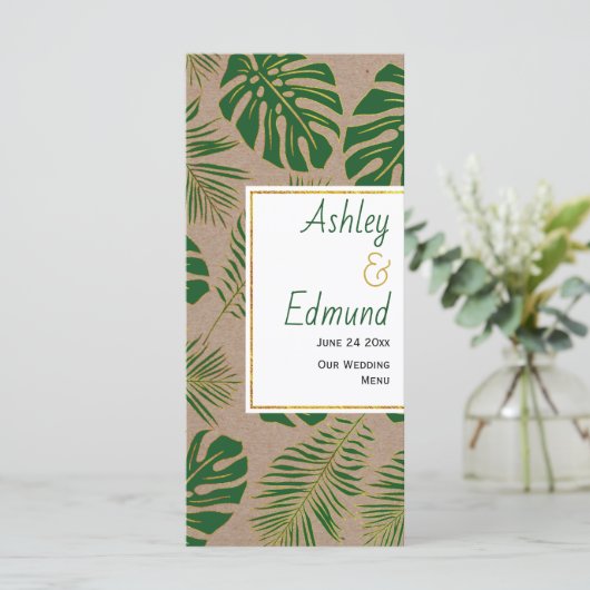 トロピカルグリーンと金ゴールド結婚の素朴のメニューカード メニュー (スタンド正面)