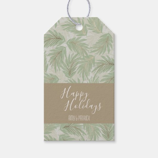 トロピカルグリーンと金ゴールド葉スクリスマス ギフトタグ (正面)