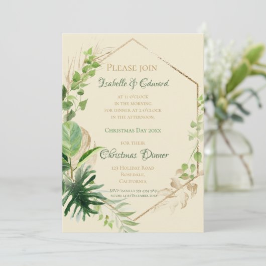 トロピカルグリーンと金ゴールド葉ス・クリスマスディナー 招待状 (スタンド正面)