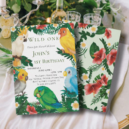 トロピカルグリーンのエキゾチックなインコ ワイルドワン バースデー 招待状