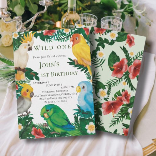 トロピカルグリーンのエキゾチックなインコ ワイルドワン バースデー 招待状
