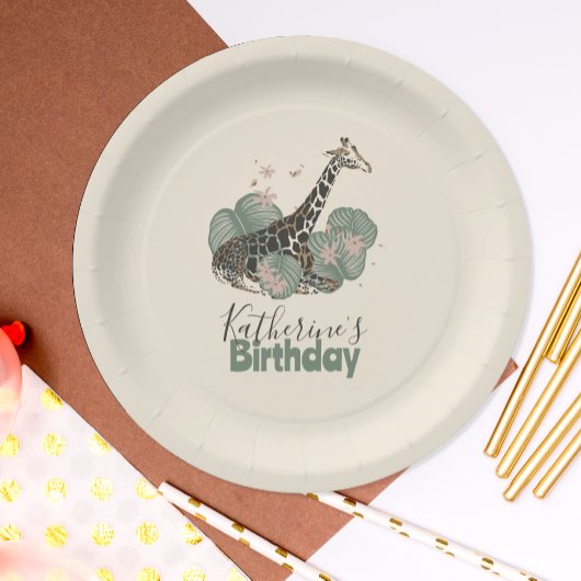 トロピカルグリーンのキリンアニマル誕生日パーティー ペーパープレート