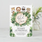 トロピカルグリーンのサファリ 動物 ワイルドワン 誕生日 招待状 (スタンド正面)