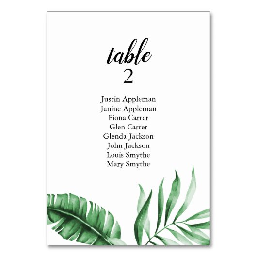 トロピカルグリーンのパーム シーティングチャート テーブルナンバー (裏面)