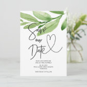 トロピカルグリーンのユーカリの結婚式 Save Our Date 招待状 (スタンド正面)