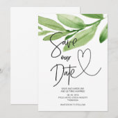 トロピカルグリーンのユーカリの結婚式 Save Our Date 招待状 (正面/裏面)