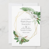 トロピカルグリーンの幾何学模様QRコードRSVPウエディング 招待状 (正面)