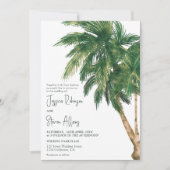 トロピカルグリーンの手書きヤシの木3枚写真ウェディング 招待状 (正面)