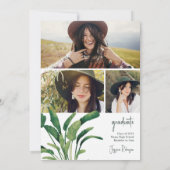 トロピカルグリーンの文字とスクリプトの植物の写真3枚 卒業 招待状 (裏面)