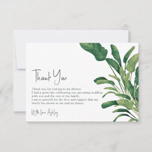トロピカルグリーンの文字 緑の植物 ブライダルシャワー サンキューカード (正面)