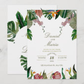 トロピカルグリーンの水彩画ウェディング招待状 招待状 (正面/裏面)