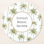 トロピカルグリーンの白いパームツリーのブライズシャワー ラウンドペーパーコースター (正面)