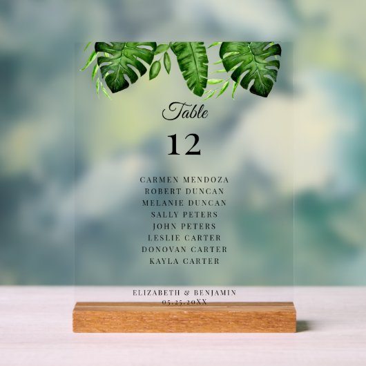 トロピカルグリーンの結婚式座席表テーブル アクリルサイン (ニュートラル)