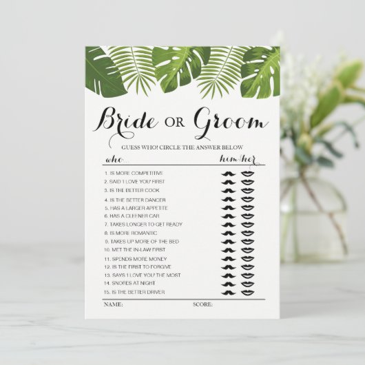 トロピカルグリーンの花嫁または花婿ゲーム編集可能 招待状 (スタンド正面)