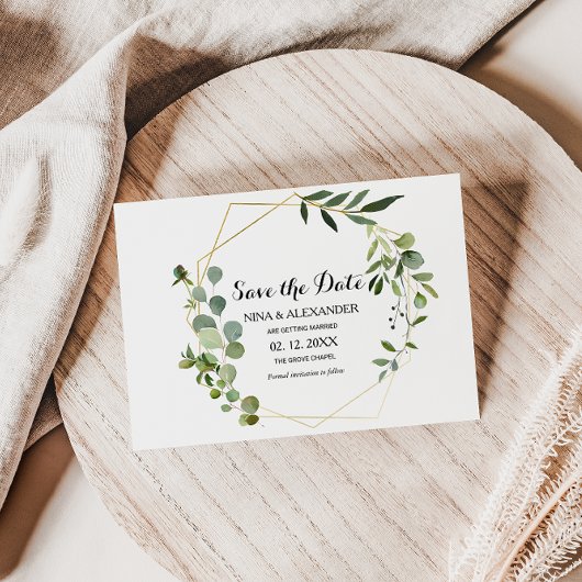 トロピカルグリーンの葉のウェディング・セーブ・ザ・デート 招待状