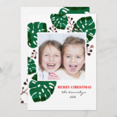 トロピカルグリーンの葉クリスマスホリデーフォト シーズンカード (正面/裏面)