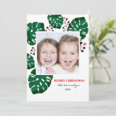 トロピカルグリーンの葉クリスマスホリデーフォト シーズンカード (スタンド正面)