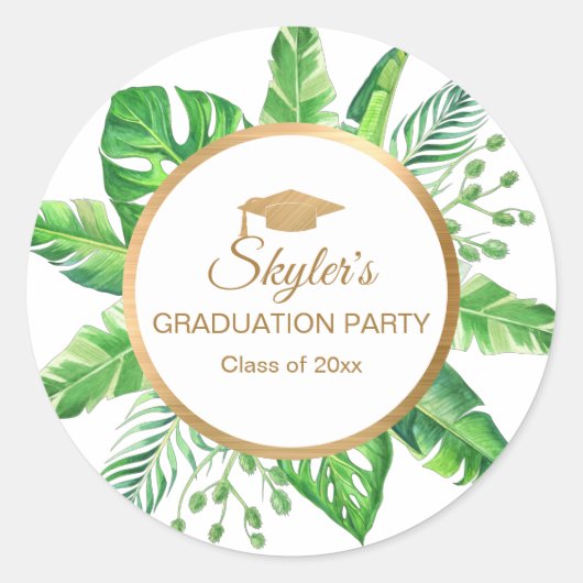 トロピカルグリーンゴールドテーマの卒業パーティー ラウンドシール (正面)