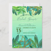 トロピカルグリーンゴールドフォイルの葉ブライダルシャワー 招待状 (正面)