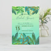 トロピカルグリーンゴールドフォイルの葉ブライダルシャワー 招待状 (スタンド正面)