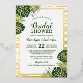 トロピカルグリーンパームリーフビーチブライダルシャワー実在 箔招待状 (正面)