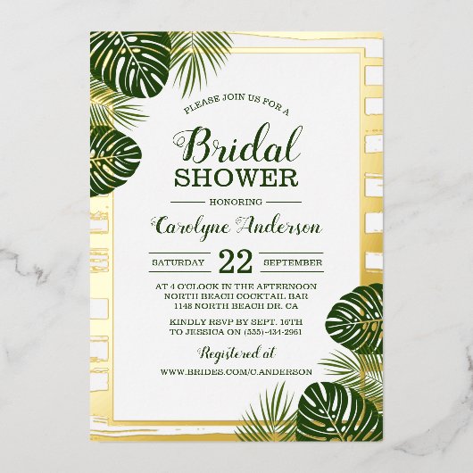 トロピカルグリーンパームリーフビーチブライダルシャワー実在 箔招待状 (正面)