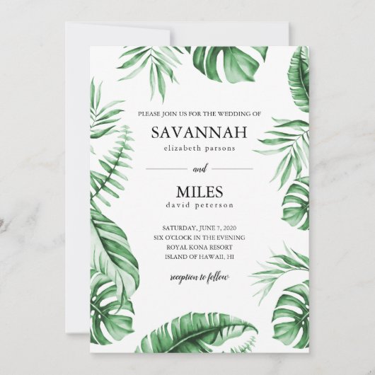 トロピカルグリーンパームリーフフレーム結婚式招待状 招待状 (正面)
