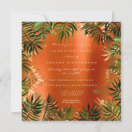 トロピカルグリーンパームリーフフレーム オレンジコーラル ゴールド 招待状 (正面)