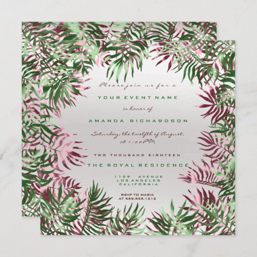 トロピカルグリーンパームリーフフレーム シルバー バーガンディ 招待状 (正面/裏面)