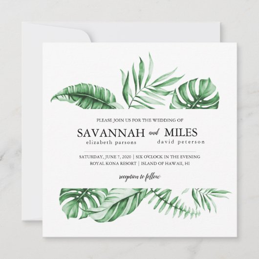 トロピカルグリーンパームリーフボーダー結婚式招待状 招待状 (正面)