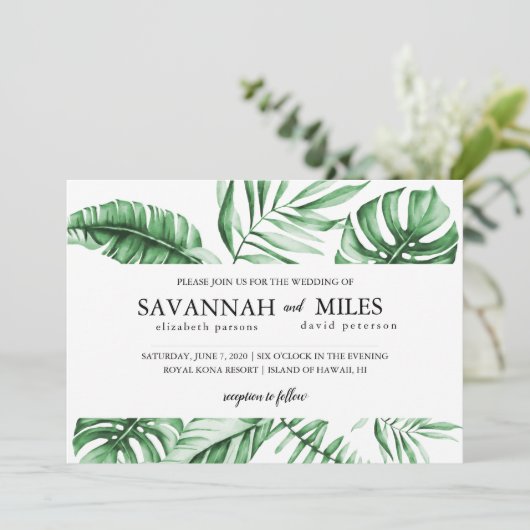 トロピカルグリーンパームリーフボーダー結婚式招待状 招待状 (スタンド正面)