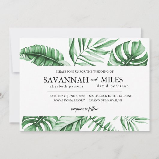 トロピカルグリーンパームリーフボーダー結婚式招待状 招待状 (正面)