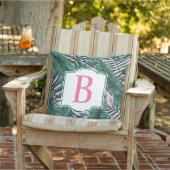 トロピカルグリーンパーム葉ズピンクモノグラム アウトドアクッション (椅子)