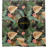 トロピカルグリーンパーム葉ズモノグラムブラック シャワーカーテン (正面)