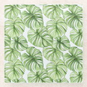 トロピカルグリーンパーム葉 ガラスコースター (正面)
