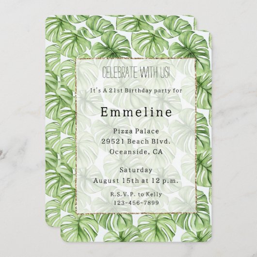 トロピカルグリーンパーム離れ誕生日 招待状 (正面/裏面)