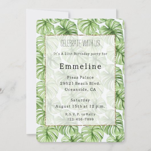 トロピカルグリーンパーム離れ誕生日 招待状 (正面)