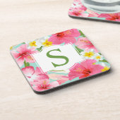 トロピカルグリーンピンクフローラカスタムモノグラムイニシャル コースター (左側)